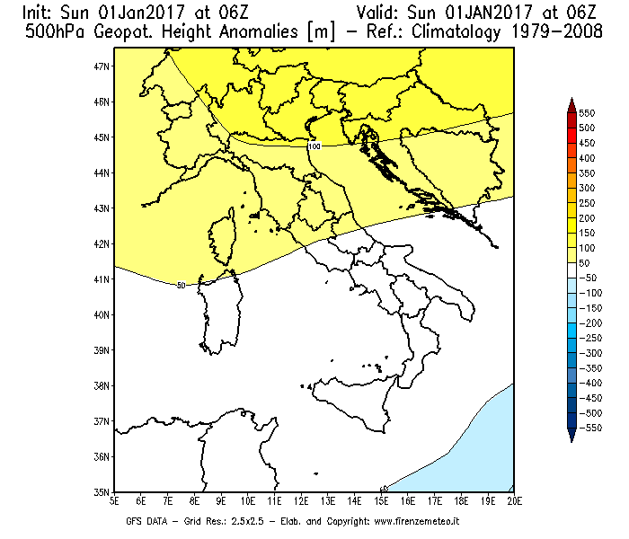 Mappa di analisi GFS - Anomalia di Geopotenziale a 500 hPa in Italia
							del 01/01/2017 06 <!--googleoff: index-->UTC<!--googleon: index-->