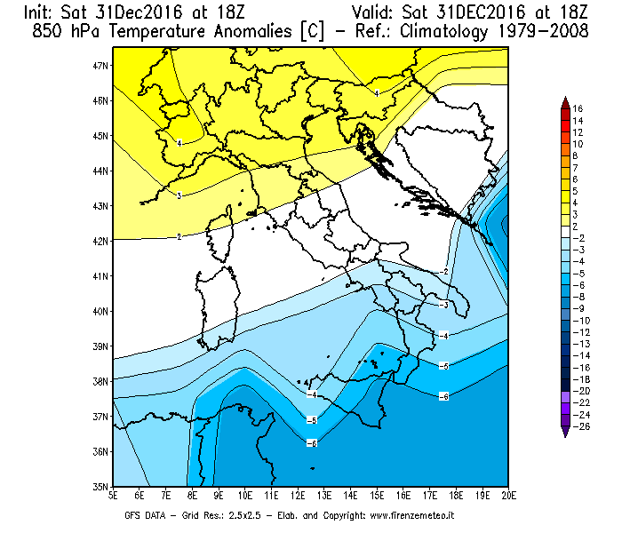 Mappa di analisi GFS - Anomalia Temperatura [°C] a 850 hPa in Italia
							del 01/01/2017 18 <!--googleoff: index-->UTC<!--googleon: index-->