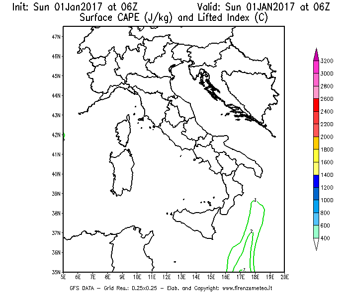 Mappa di analisi GFS - CAPE [J/kg] e Lifted Index [°C] in Italia
							del 01/01/2017 06 <!--googleoff: index-->UTC<!--googleon: index-->