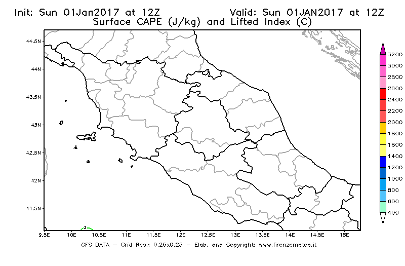Mappa di analisi GFS - CAPE [J/kg] e Lifted Index [°C] in Centro-Italia
							del 01/01/2017 12 <!--googleoff: index-->UTC<!--googleon: index-->