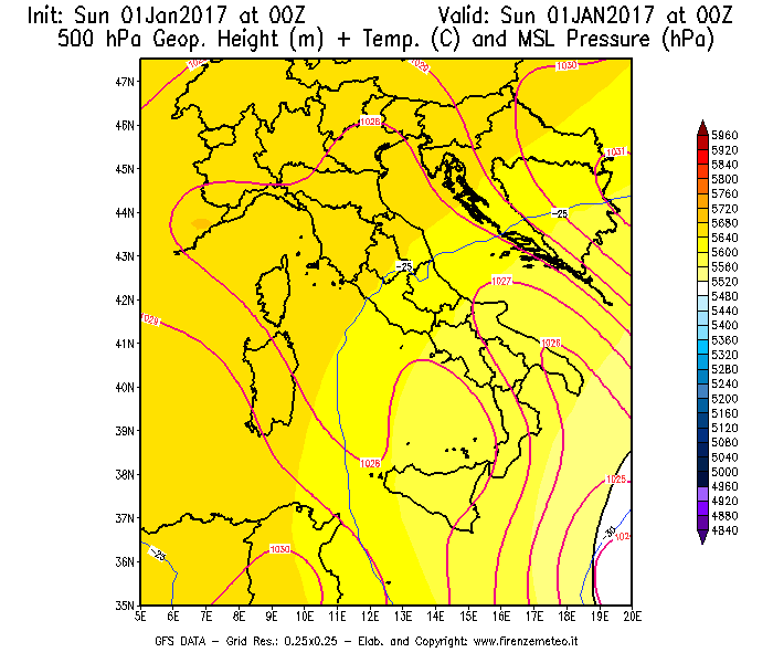 Mappa di analisi GFS - Geopotenziale [m] + Temp. [°C] a 500 hPa + Press. a livello del mare [hPa] in Italia
							del 01/01/2017 00 <!--googleoff: index-->UTC<!--googleon: index-->