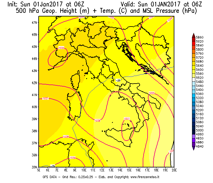 Mappa di analisi GFS - Geopotenziale [m] + Temp. [°C] a 500 hPa + Press. a livello del mare [hPa] in Italia
							del 01/01/2017 06 <!--googleoff: index-->UTC<!--googleon: index-->