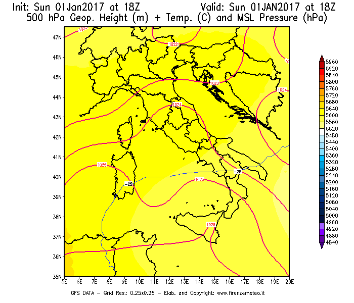 Mappa di analisi GFS - Geopotenziale [m] + Temp. [°C] a 500 hPa + Press. a livello del mare [hPa] in Italia
							del 01/01/2017 18 <!--googleoff: index-->UTC<!--googleon: index-->