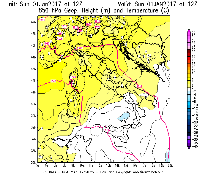 Mappa di analisi GFS - Geopotenziale [m] e Temperatura [°C] a 850 hPa in Italia
							del 01/01/2017 12 <!--googleoff: index-->UTC<!--googleon: index-->