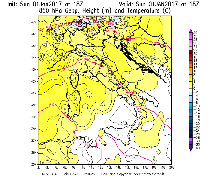 Mappa di analisi GFS - Geopotenziale [m] e Temperatura [°C] a 850 hPa in Italia
							del 01/01/2017 18 <!--googleoff: index-->UTC<!--googleon: index-->
