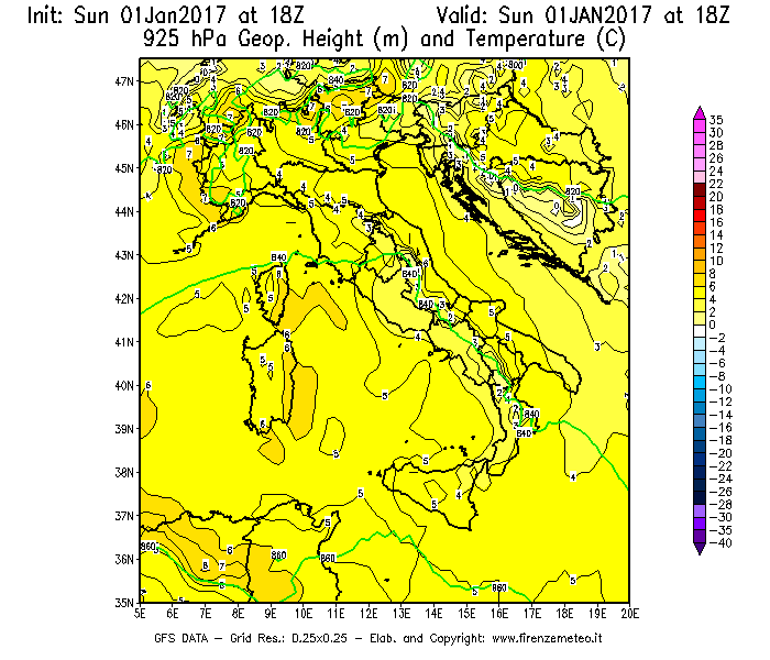 Mappa di analisi GFS - Geopotenziale [m] e Temperatura [°C] a 925 hPa in Italia
							del 01/01/2017 18 <!--googleoff: index-->UTC<!--googleon: index-->