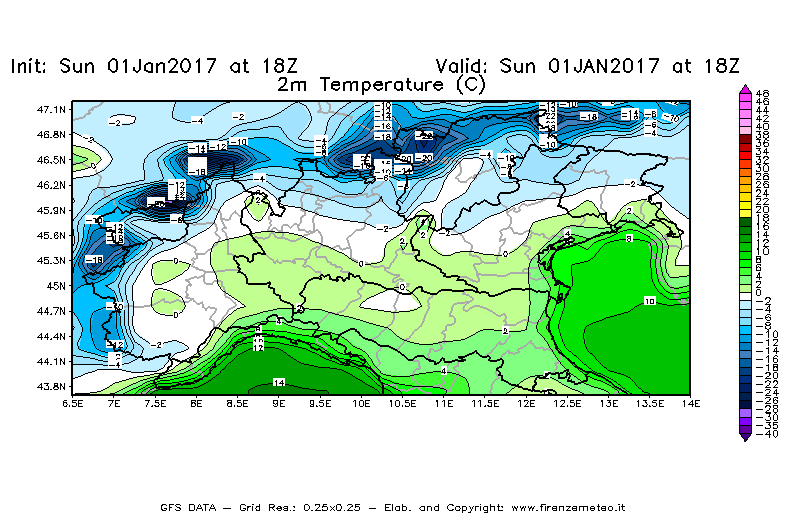 Mappa di analisi GFS - Temperatura a 2 metri dal suolo [°C] in Nord-Italia
							del 01/01/2017 18 <!--googleoff: index-->UTC<!--googleon: index-->