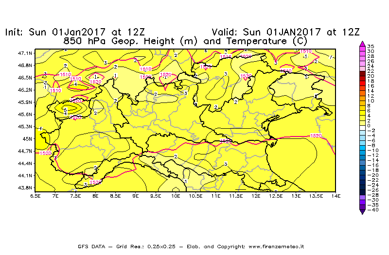 Mappa di analisi GFS - Geopotenziale [m] e Temperatura [°C] a 850 hPa in Nord-Italia
							del 01/01/2017 12 <!--googleoff: index-->UTC<!--googleon: index-->