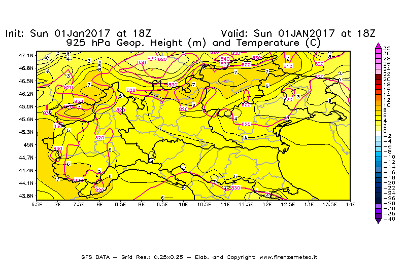 Mappa di analisi GFS - Geopotenziale [m] e Temperatura [°C] a 925 hPa in Nord-Italia
							del 01/01/2017 18 <!--googleoff: index-->UTC<!--googleon: index-->