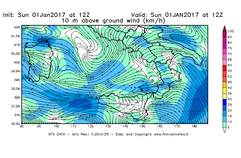Mappa di analisi GFS - Velocità del vento a 10 metri dal suolo [km/h] in Sud-Italia
							del 01/01/2017 12 <!--googleoff: index-->UTC<!--googleon: index-->