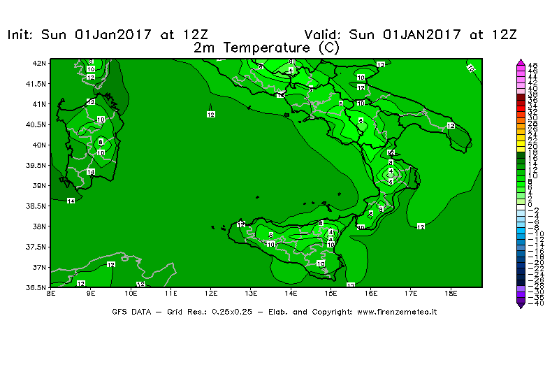 Mappa di analisi GFS - Temperatura a 2 metri dal suolo [°C] in Sud-Italia
							del 01/01/2017 12 <!--googleoff: index-->UTC<!--googleon: index-->