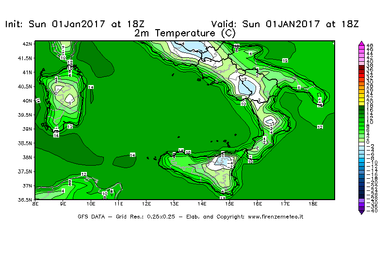 Mappa di analisi GFS - Temperatura a 2 metri dal suolo [°C] in Sud-Italia
							del 01/01/2017 18 <!--googleoff: index-->UTC<!--googleon: index-->