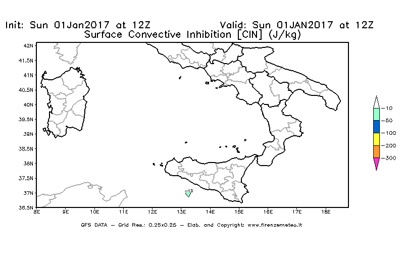 Mappa di analisi GFS - CIN [J/kg] in Sud-Italia
							del 01/01/2017 12 <!--googleoff: index-->UTC<!--googleon: index-->