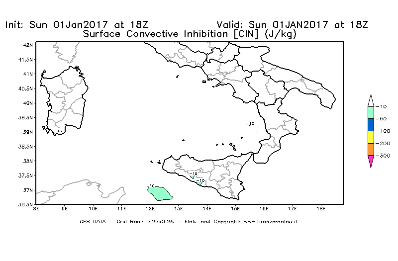 Mappa di analisi GFS - CIN [J/kg] in Sud-Italia
							del 01/01/2017 18 <!--googleoff: index-->UTC<!--googleon: index-->