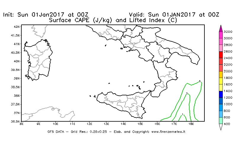 Mappa di analisi GFS - CAPE [J/kg] e Lifted Index [°C] in Sud-Italia
							del 01/01/2017 00 <!--googleoff: index-->UTC<!--googleon: index-->