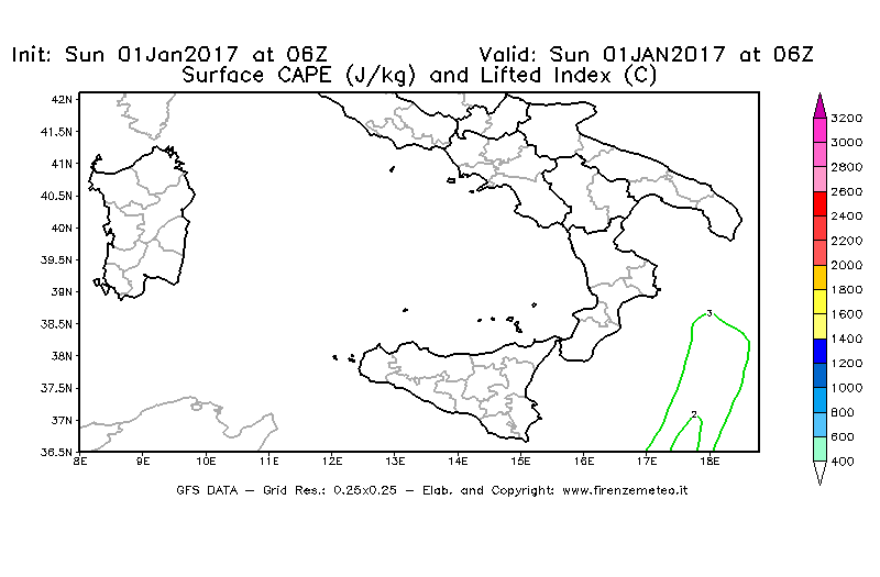 Mappa di analisi GFS - CAPE [J/kg] e Lifted Index [°C] in Sud-Italia
							del 01/01/2017 06 <!--googleoff: index-->UTC<!--googleon: index-->