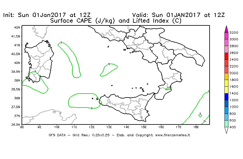 Mappa di analisi GFS - CAPE [J/kg] e Lifted Index [°C] in Sud-Italia
							del 01/01/2017 12 <!--googleoff: index-->UTC<!--googleon: index-->