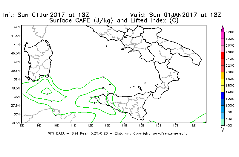 Mappa di analisi GFS - CAPE [J/kg] e Lifted Index [°C] in Sud-Italia
							del 01/01/2017 18 <!--googleoff: index-->UTC<!--googleon: index-->