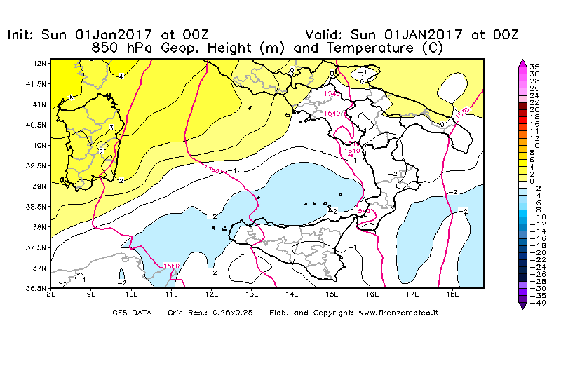 Mappa di analisi GFS - Geopotenziale [m] e Temperatura [°C] a 850 hPa in Sud-Italia
							del 01/01/2017 00 <!--googleoff: index-->UTC<!--googleon: index-->