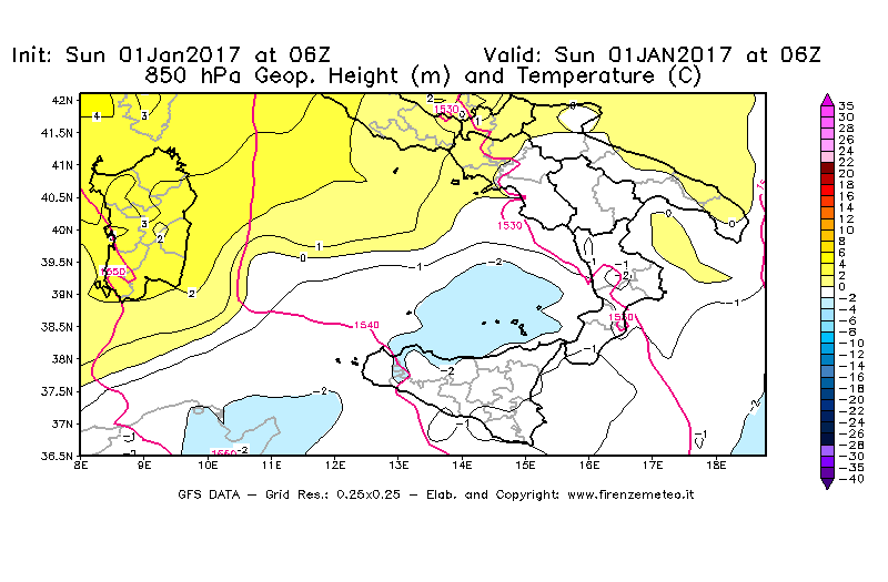 Mappa di analisi GFS - Geopotenziale [m] e Temperatura [°C] a 850 hPa in Sud-Italia
							del 01/01/2017 06 <!--googleoff: index-->UTC<!--googleon: index-->