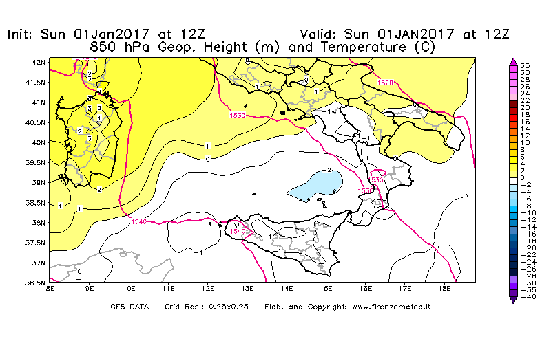 Mappa di analisi GFS - Geopotenziale [m] e Temperatura [°C] a 850 hPa in Sud-Italia
							del 01/01/2017 12 <!--googleoff: index-->UTC<!--googleon: index-->