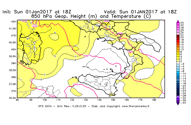 Mappa di analisi GFS - Geopotenziale [m] e Temperatura [°C] a 850 hPa in Sud-Italia
							del 01/01/2017 18 <!--googleoff: index-->UTC<!--googleon: index-->
