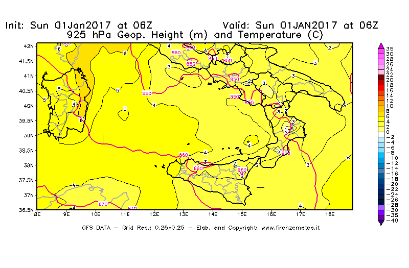 Mappa di analisi GFS - Geopotenziale [m] e Temperatura [°C] a 925 hPa in Sud-Italia
							del 01/01/2017 06 <!--googleoff: index-->UTC<!--googleon: index-->