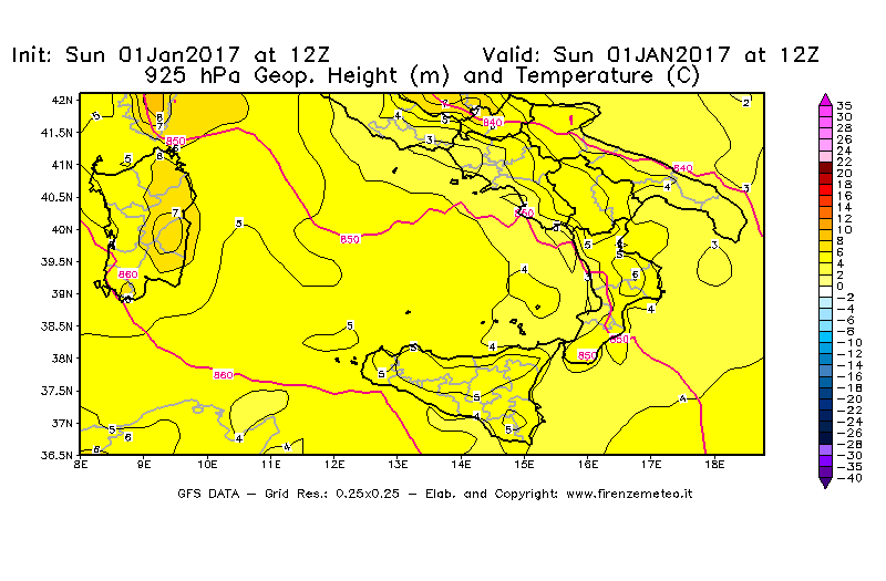 Mappa di analisi GFS - Geopotenziale [m] e Temperatura [°C] a 925 hPa in Sud-Italia
							del 01/01/2017 12 <!--googleoff: index-->UTC<!--googleon: index-->