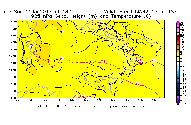 Mappa di analisi GFS - Geopotenziale [m] e Temperatura [°C] a 925 hPa in Sud-Italia
							del 01/01/2017 18 <!--googleoff: index-->UTC<!--googleon: index-->