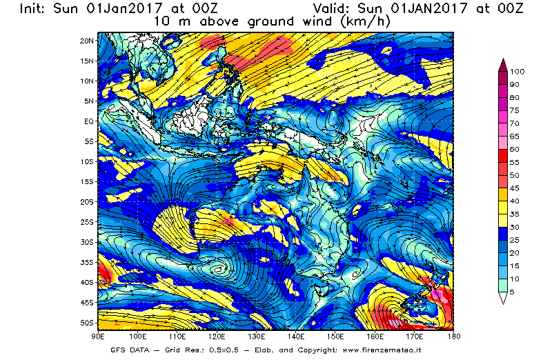 Mappa di analisi GFS - Velocità del vento a 10 metri dal suolo [km/h] in Oceania
							del 01/01/2017 00 <!--googleoff: index-->UTC<!--googleon: index-->