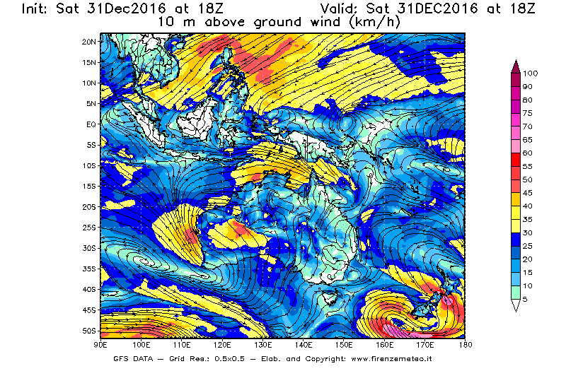 Mappa di analisi GFS - Velocità del vento a 10 metri dal suolo [km/h] in Oceania
							del 01/01/2017 18 <!--googleoff: index-->UTC<!--googleon: index-->