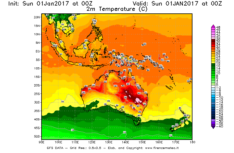 Mappa di analisi GFS - Temperatura a 2 metri dal suolo [°C] in Oceania
							del 01/01/2017 00 <!--googleoff: index-->UTC<!--googleon: index-->