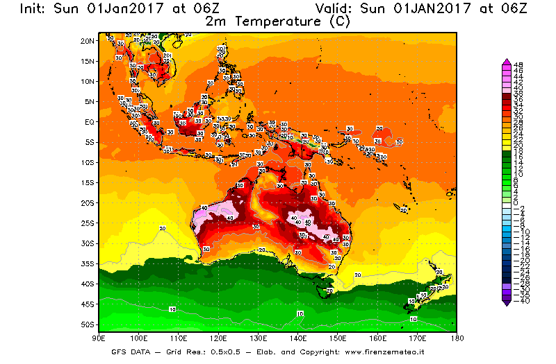 Mappa di analisi GFS - Temperatura a 2 metri dal suolo [°C] in Oceania
							del 01/01/2017 06 <!--googleoff: index-->UTC<!--googleon: index-->