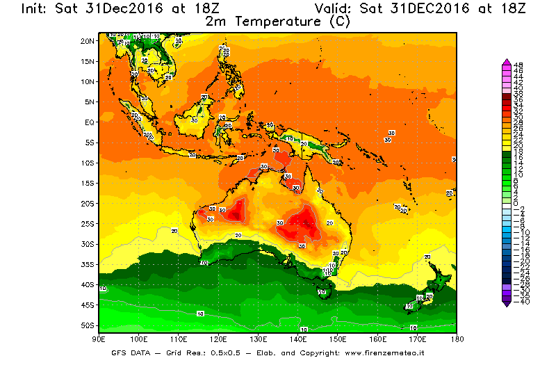 Mappa di analisi GFS - Temperatura a 2 metri dal suolo [°C] in Oceania
							del 01/01/2017 18 <!--googleoff: index-->UTC<!--googleon: index-->