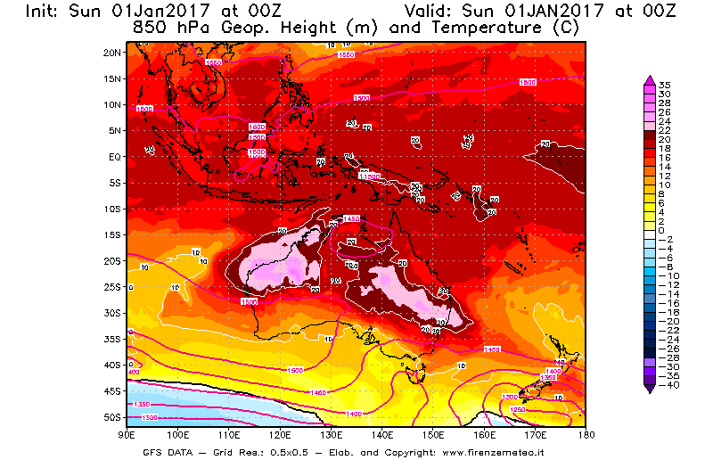 Mappa di analisi GFS - Geopotenziale [m] e Temperatura [°C] a 850 hPa in Oceania
							del 01/01/2017 00 <!--googleoff: index-->UTC<!--googleon: index-->