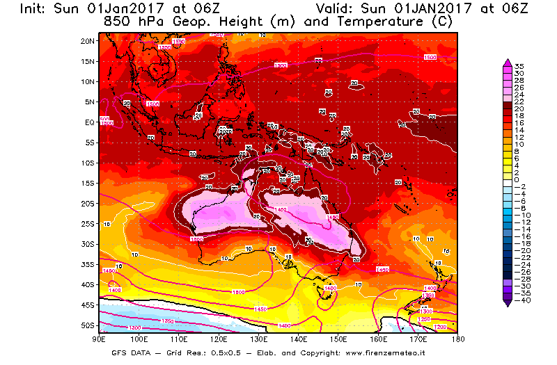 Mappa di analisi GFS - Geopotenziale [m] e Temperatura [°C] a 850 hPa in Oceania
							del 01/01/2017 06 <!--googleoff: index-->UTC<!--googleon: index-->