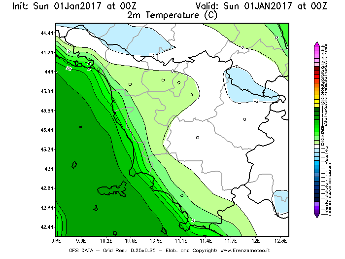 Mappa di analisi GFS - Temperatura a 2 metri dal suolo [°C] in Toscana
							del 01/01/2017 00 <!--googleoff: index-->UTC<!--googleon: index-->