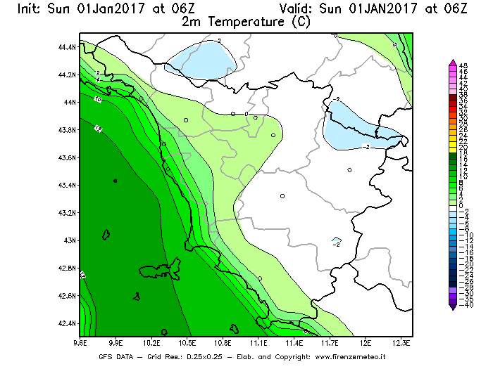 Mappa di analisi GFS - Temperatura a 2 metri dal suolo [°C] in Toscana
							del 01/01/2017 06 <!--googleoff: index-->UTC<!--googleon: index-->