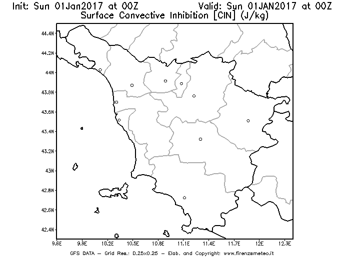 Mappa di analisi GFS - CIN [J/kg] in Toscana
							del 01/01/2017 00 <!--googleoff: index-->UTC<!--googleon: index-->