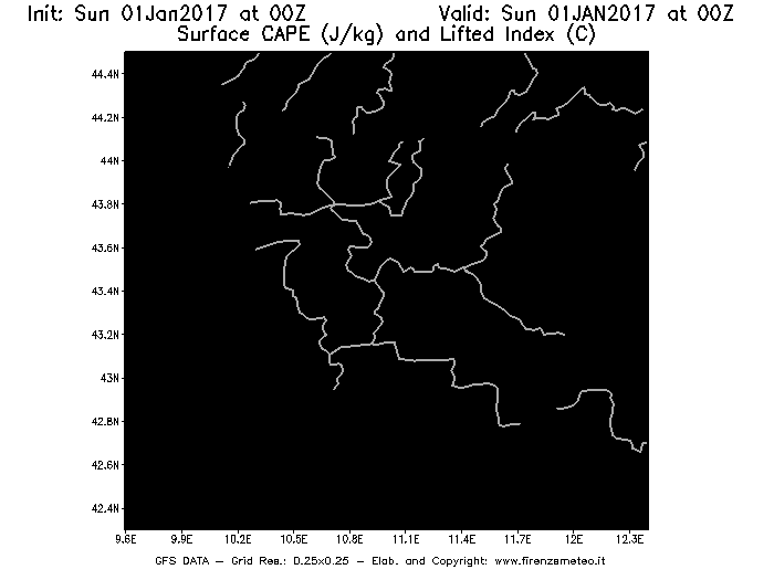 Mappa di analisi GFS - CAPE [J/kg] e Lifted Index [°C] in Toscana
							del 01/01/2017 00 <!--googleoff: index-->UTC<!--googleon: index-->