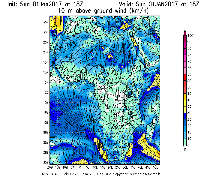 Mappa di analisi GFS - Velocità del vento a 10 metri dal suolo [km/h] in Africa
									del 02/01/2017 18 <!--googleoff: index-->UTC<!--googleon: index-->