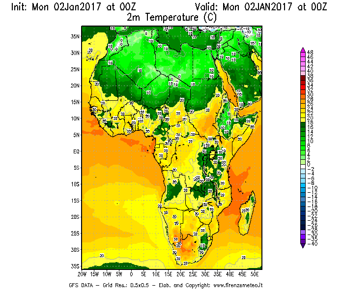 Mappa di analisi GFS - Temperatura a 2 metri dal suolo [°C] in Africa
							del 02/01/2017 00 <!--googleoff: index-->UTC<!--googleon: index-->