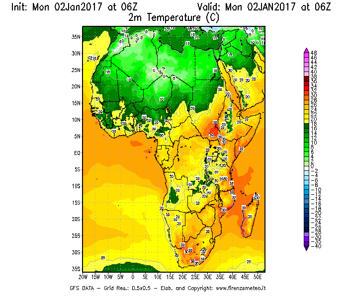 Mappa di analisi GFS - Temperatura a 2 metri dal suolo [°C] in Africa
							del 02/01/2017 06 <!--googleoff: index-->UTC<!--googleon: index-->