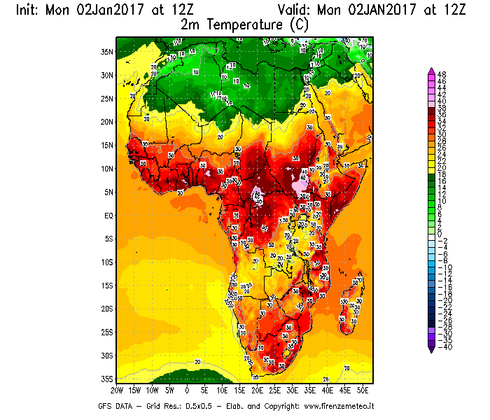Mappa di analisi GFS - Temperatura a 2 metri dal suolo [°C] in Africa
							del 02/01/2017 12 <!--googleoff: index-->UTC<!--googleon: index-->