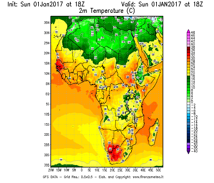 Mappa di analisi GFS - Temperatura a 2 metri dal suolo [°C] in Africa
							del 02/01/2017 18 <!--googleoff: index-->UTC<!--googleon: index-->