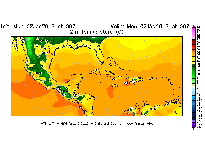 Mappa di analisi GFS - Temperatura a 2 metri dal suolo [°C] in Centro-America
									del 02/01/2017 00 <!--googleoff: index-->UTC<!--googleon: index-->