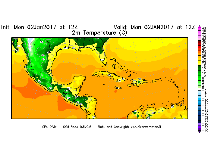 Mappa di analisi GFS - Temperatura a 2 metri dal suolo [°C] in Centro-America
							del 02/01/2017 12 <!--googleoff: index-->UTC<!--googleon: index-->