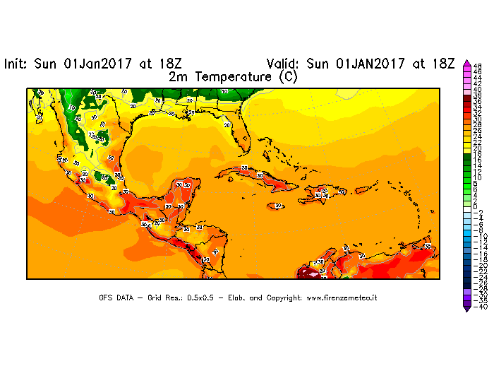 Mappa di analisi GFS - Temperatura a 2 metri dal suolo [°C] in Centro-America
							del 02/01/2017 18 <!--googleoff: index-->UTC<!--googleon: index-->