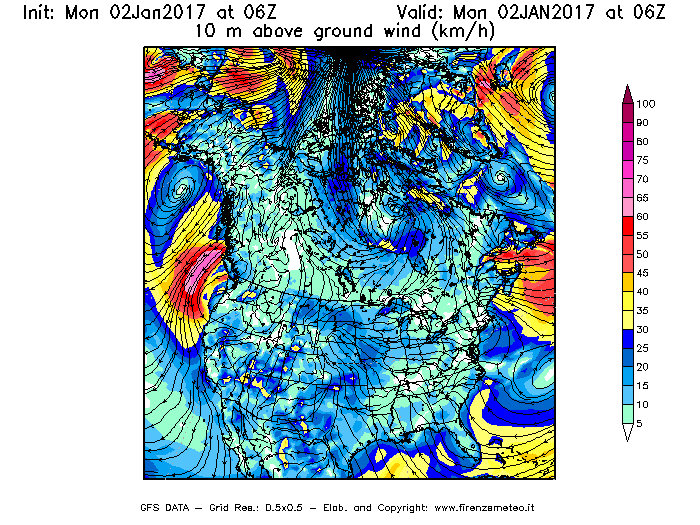 Mappa di analisi GFS - Velocità del vento a 10 metri dal suolo [km/h] in Nord-America
									del 02/01/2017 06 <!--googleoff: index-->UTC<!--googleon: index-->