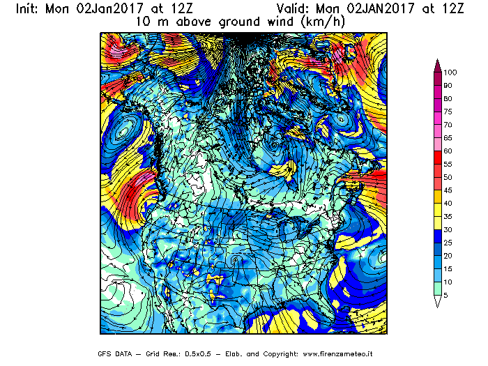 Mappa di analisi GFS - Velocità del vento a 10 metri dal suolo [km/h] in Nord-America
									del 02/01/2017 12 <!--googleoff: index-->UTC<!--googleon: index-->